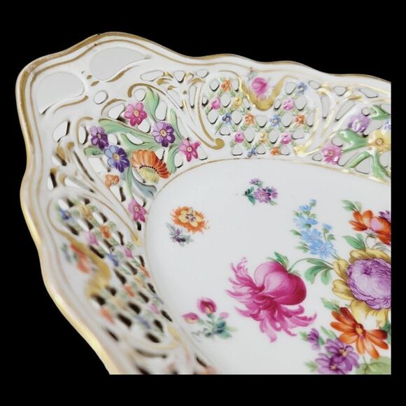 Dresden Schumann Bavaria Candy Fruit Footed Pedestal Oval Floral Bowl Compote - Picture 10 of 16